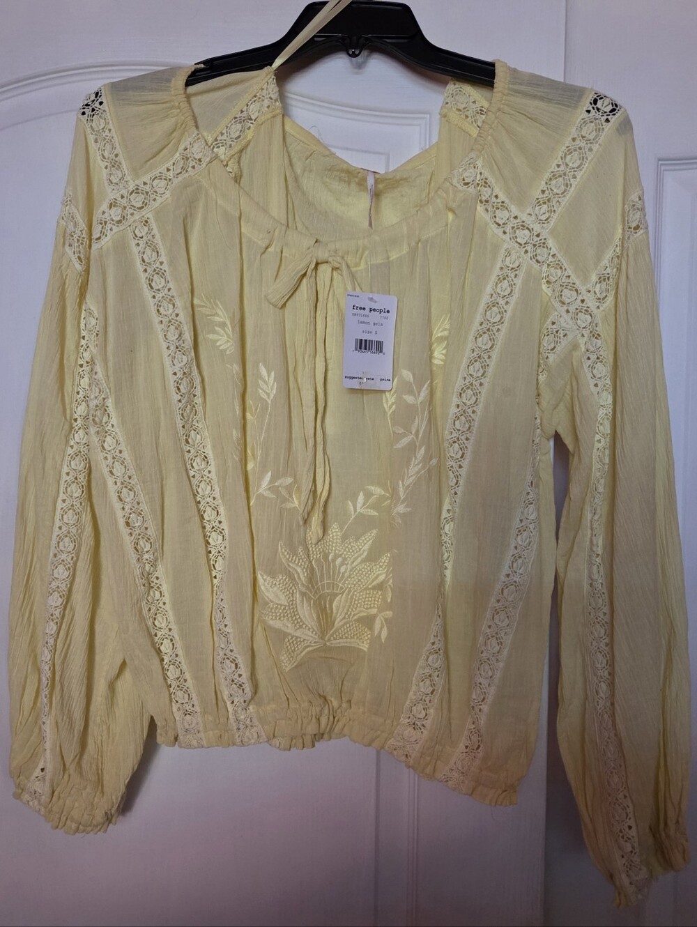 Free People Pale Yellow Embroidered Lace Peasant Top